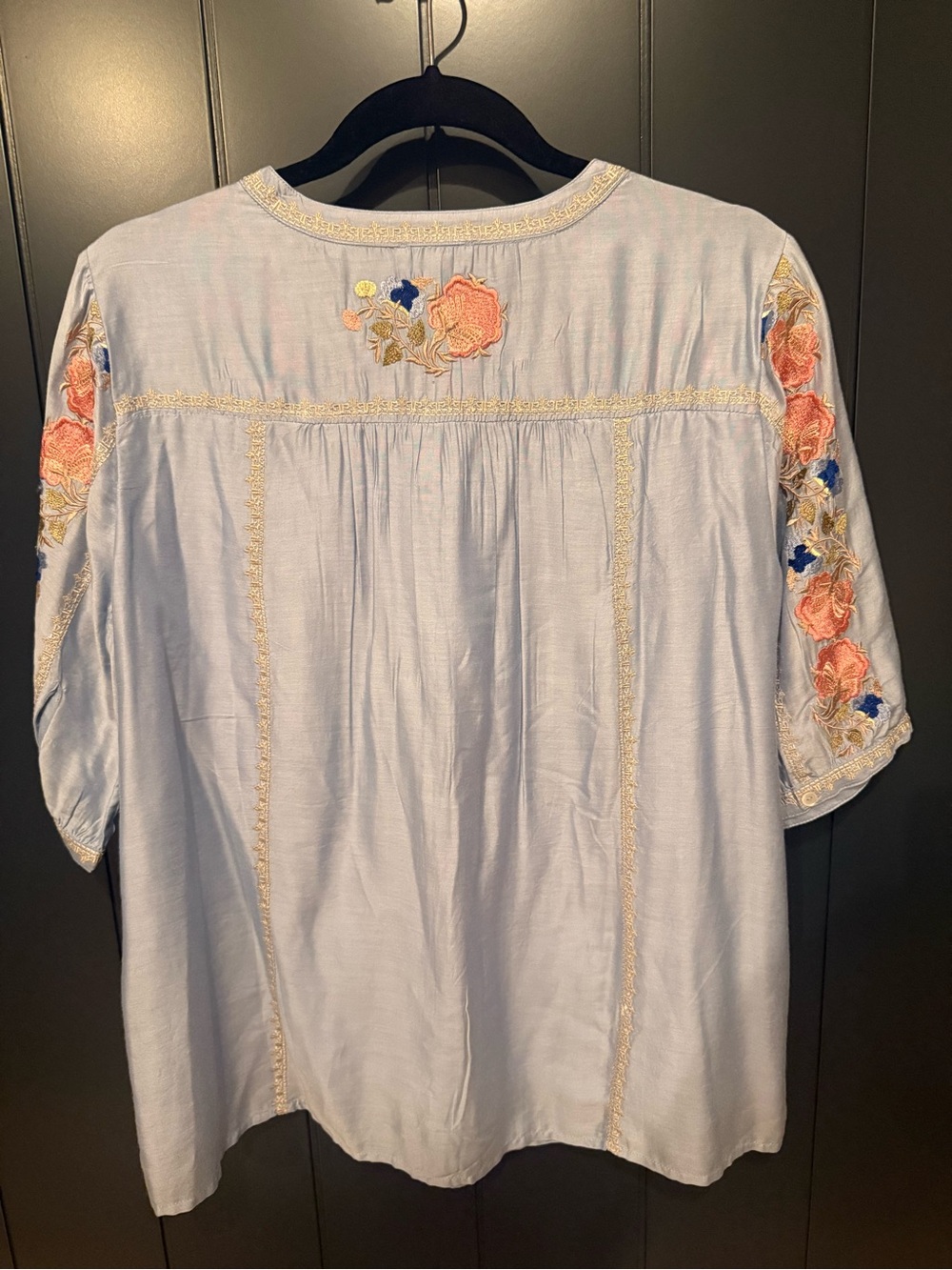 🪷 Sundance Women’s Silk-Blend Light Blue Embroidered Floral Peasant Top - Picture 8 of 13